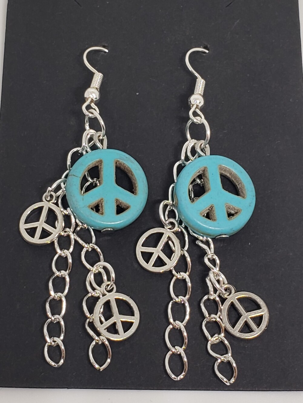 Handmade Turquoise Silver Metal Peace Chain Dangle Earrings